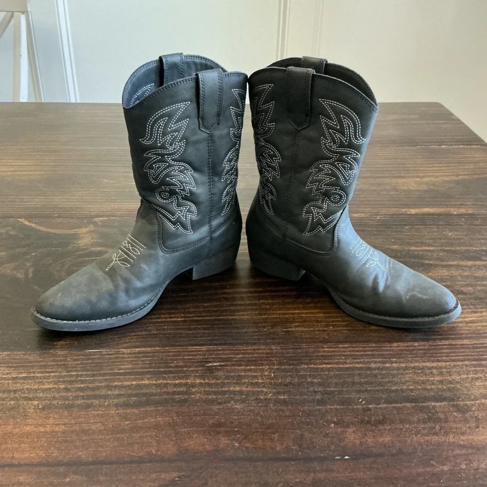 Deer Stags Ranch Kids Black Western Cowboy Boots Size 4 Pull On Contrast Stitch